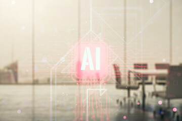 Poster - Creative artificial Intelligence symbol hologram on a modern coworking room background. Double exposure
