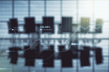 Poster - Abstract virtual stats data hologram on a modern conference room background. Multiexposure