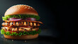 Chicken burger with double cutlet vegetables and cheese for party with isolated black background, generative ai