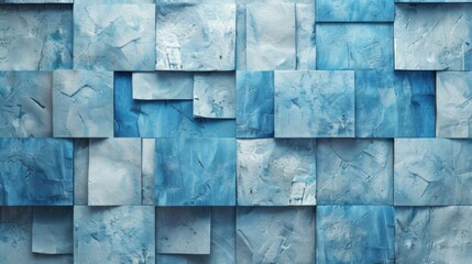 Wall Mural - A blue sea wall with squares of different sizes and textures, The background is a white wall with geometric patterns, showcasing the beauty of the patterned texture.