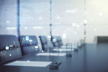 Poster - Multi exposure of virtual creative financial graph and world map on a modern conference room background, forex and investment concept