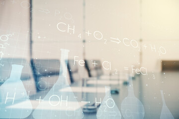 Poster - Abstract virtual chemistry illustration on a modern coworking room background, science and research concept. Multiexposure