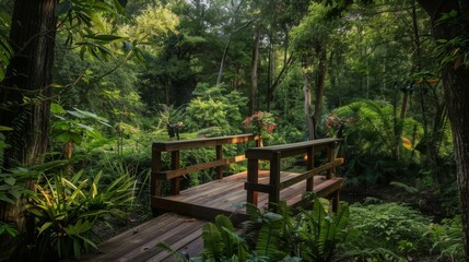 Poster - A rustic wooden platform background nestled in a lush forest