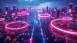 3D render of glowing neon torus rings intersecting in a futuristic cityscape