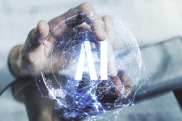 Poster - Creative artificial Intelligence symbol concept with finger presses on a digital tablet on background. Double exposure