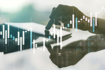 Poster - Double exposure of abstract creative financial diagram with finger clicks on a digital tablet on background, banking and accounting concept