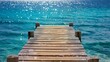 Wooden dock jutting out into a shimmering bay with a wooden platform background
