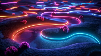 An exhilarating 3D render of glowing neon golf course on a black background