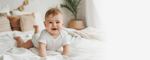 Baby care, clothing, products banner. Portrait of cute little caucasian baby boy wearing bodysuits crawling on white bedsheets at home. infant child lying on bed in the bedroom. Copy space, side view