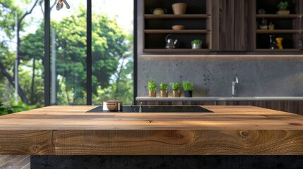 Poster - Wooden platform with kitchen background