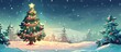 A Christmas tree adorned with a star sits in the center of a snowy forest, surrounded by evergreen trees. The sky is overcast with clouds, creating a serene natural landscape