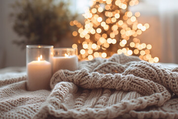 Poster - Warm and Cozy Holiday Season with Candles and Knitted Sweater on Soft Blanket