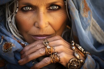 Intimate close-up of a middle-aged female Bedouin, her weathered hand adorned with traditional jewelry, contrasting against the soft hues of her attire.