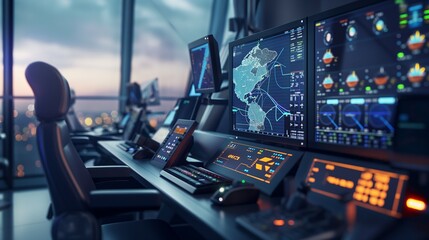 An Aeronautical Control Room With A Lots Of Computer Screens And Monitors.