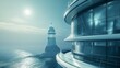 A Futuristic Lighthouse On A Rocky Island.