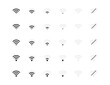 © Chelpanoff - Wi-Fi network connection level vector icon set. Wireless internet communication signs for mobile device interface. Web router cyberspace illustration isolated. No signal status.