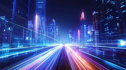 Poster - tracing the neon trail through a cityscape of skyscr ai generated illustration