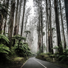 Foggy mountain road in Dandenong Ranges, Melbourne, Australia