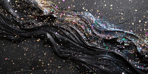 Poster - Elegant black paint mural with a sprinkling of colorful glitter over a white background.