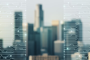 Aufkleber - Abstract virtual micro circuit sketch on blurry office buildings background, future technology and AI concept. Double exposure