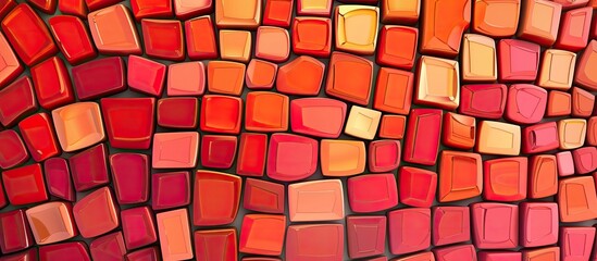 Poster - A detailed closeup of a brick rectangular mosaic featuring red and orange tiles. The symmetry, pattern, and colors like magenta and electric blue create a stunning design on the flooring material