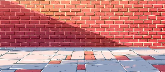 Sticker - A red brick wall casts a shadow on the asphalt road surface, showcasing the building materials rectangular facade against the flooring