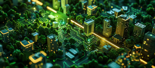 Wall Mural - lighted electrical circuit board showing trees and cities