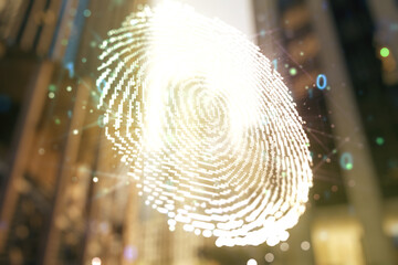Aufkleber - Multi exposure of virtual graphic fingerprint sketch on modern architecture background, fingerprint scan data concept