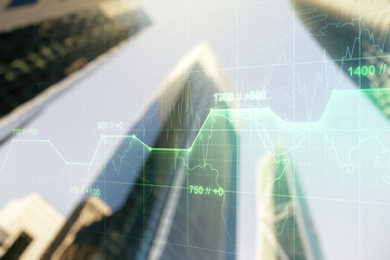 Poster - Multi exposure of stats data illustration on office buildings background, computing and analytics concept