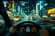 First-person view driving through neon-lit city streets at night, showcasing the glow of urban life and the thrill of nightlife - Concept of urban exploration, city living, and nocturnal adventures