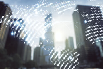 Poster - Abstract graphic digital world map hologram with connections on modern architecture background, globalization concept. Multiexposure