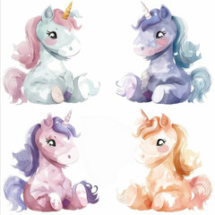 Cute Unicorn Watercolor illustration set, pastel and candy colors for girls princess poster. Stickers Set of magical cartoon unicorns isolated on white background. Trendy cartoon baby horse. Birthday