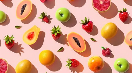  Fruits pattern in shadow play style, pastel colored background, isometric, top view