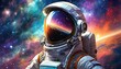 Astronaut with a full black visor against a colorful nebula