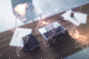 Aufkleber - Double exposure of abstract digital world map and modern desktop with laptop on background, research and strategy concept