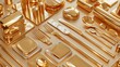 An image depicting a future where gold is used as a sustainable material in everyday objects, from utensils to furniture