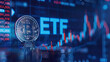Crypto and bitcoin exchange traded fund or spot price ETF funds application gets approved and listed for institutions investment on stock exchanges concept as wide banner design