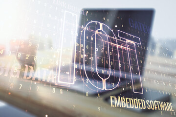 Poster - Double exposure of creative IOT hologram and modern desktop with laptop on background, research and development concept