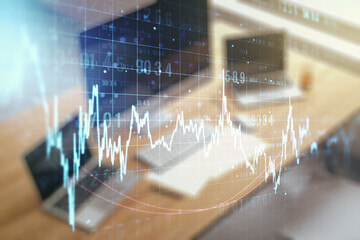 Poster - Abstract creative financial graph and modern desktop with computer on background, forex and investment concept. Multiexposure