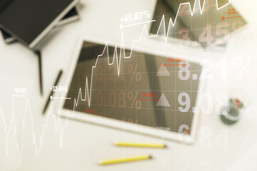 Aufkleber - Multi exposure of abstract financial graph and modern digital tablet on desktop on background, top view, financial and trading concept
