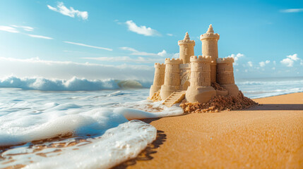 Wall Mural - Beautiful sandcastle on the beach with sand on summer vacation on sunny day. Summer vacation, holidays, travel, dream concept. waves washing away sand castle on the sea beach