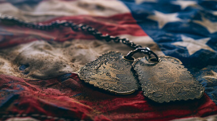 Dog Tags on American Flag, Close-up of military dog tags resting on the fabric of an American flag, symbolizing service and sacrifice for Veterans Day