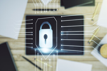 Aufkleber - Double exposure of creative lock hologram with chip and digital tablet on background, top view. Information security concept