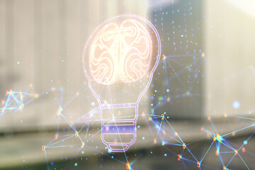 Poster - Abstract virtual light bulb illustration with human brain on blurry contemporary office building background, future technology concept. Multiexposure