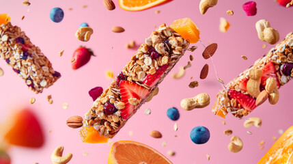 Vegan muesli bars with berries and nuts levitation. Levitating Protein granola bars with cereals on pink background. Energy cereal snack. Fitness diet food.