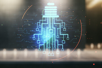 Poster - Virtual creative light bulb with chip hologram on contemporary business center exterior background, artificial Intelligence and neural networks concept. Multiexposure