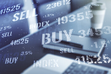 Aufkleber - Multi exposure of abstract financial graph on laptop background, financial and trading concept