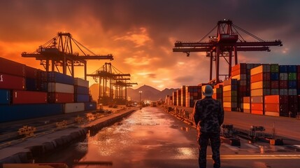 Portrait of asian worker wearing safety vest working with container cargo freight ship for logistic import export background.