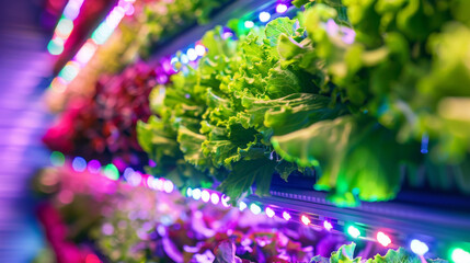 Vertical farm facility, showcasing rows of leafy greens and herbs growing vertically in stacked layers under artificial lighting, sustainable farming practices for urban agriculture food production