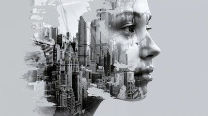 Aufkleber - A human face with subtle hints of building structures  AI generated illustration